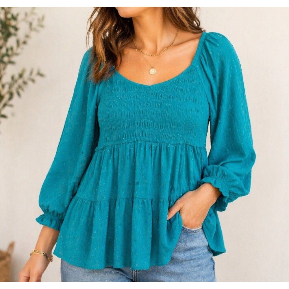 Torrid Size 1 Babydoll Top Women's XL Floral Lined Puff Sleeves Teal Clipped Dot